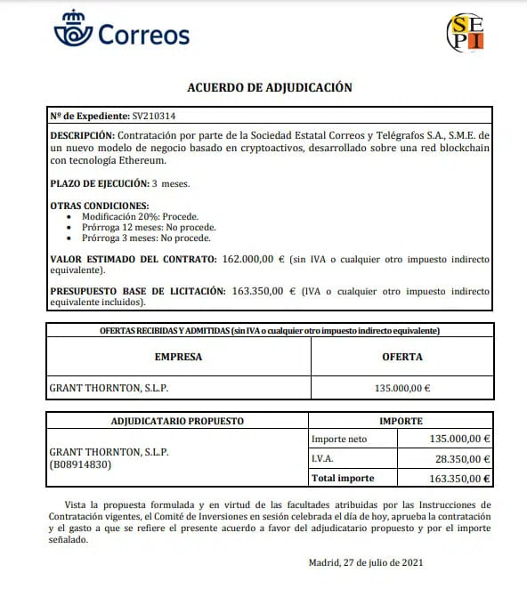 Contrato de adjudicación de NFT de Correos a Grant Thornton